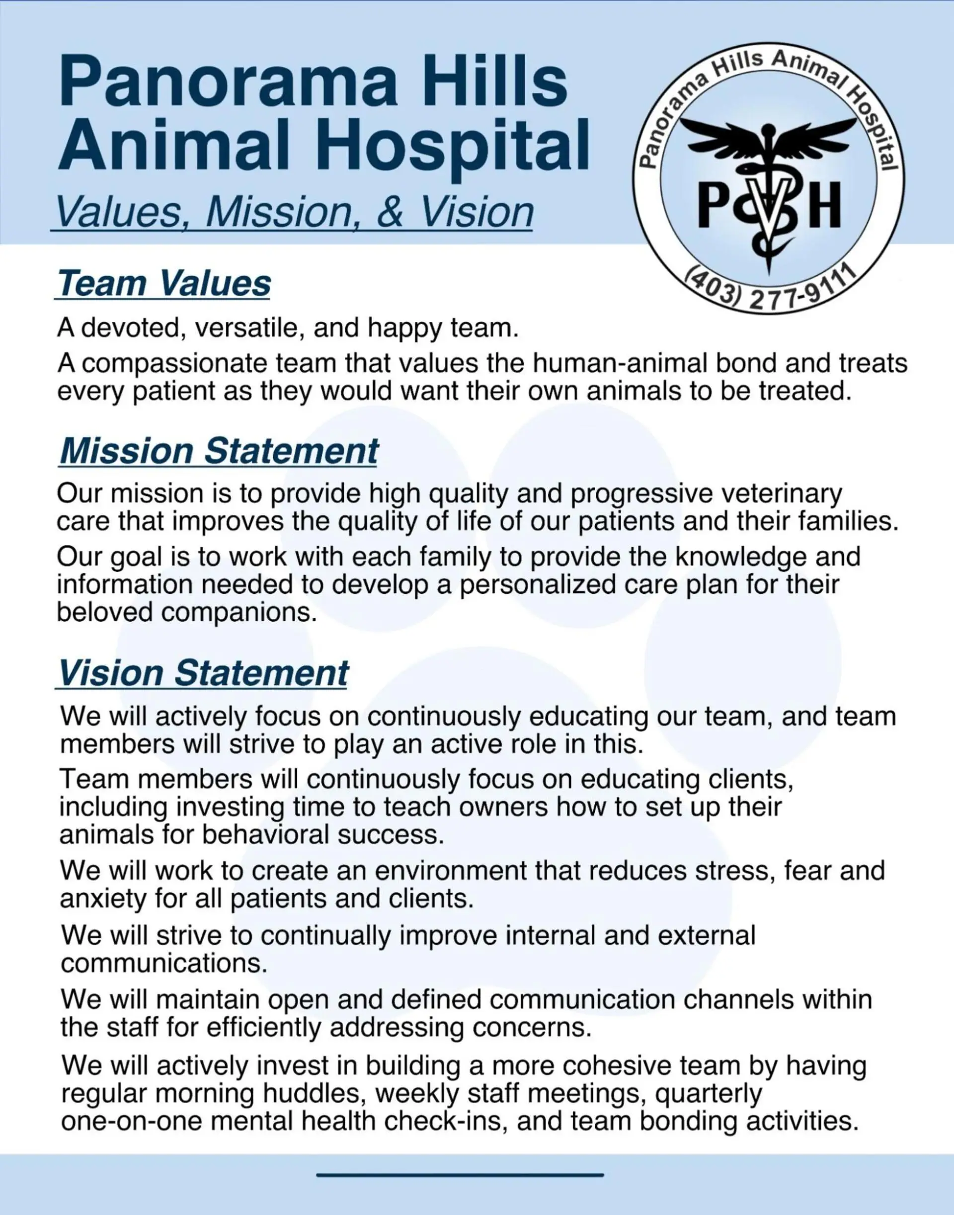 Panorama Hills Animal Hospitals Values, Vision,
and Mission