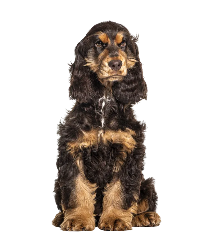 A cocker spaniel sitting and looking at the camera