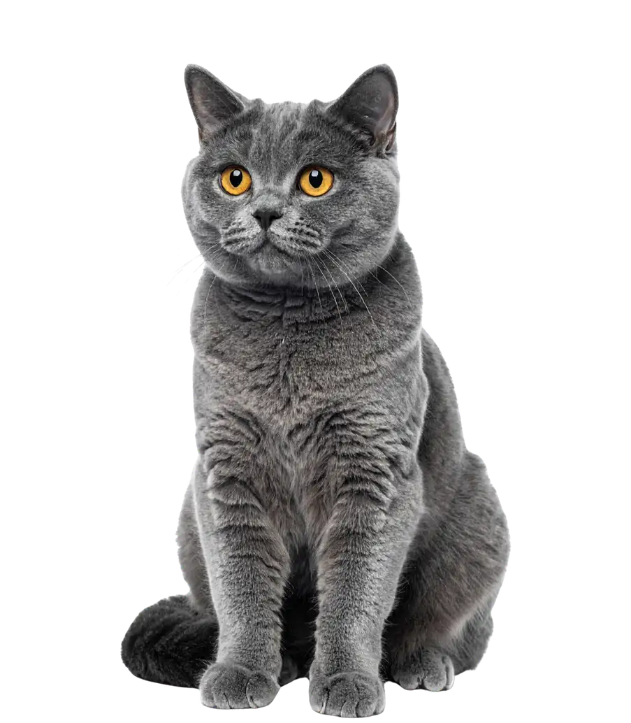 A grey British Shorthair cat sitting and looking at the camera