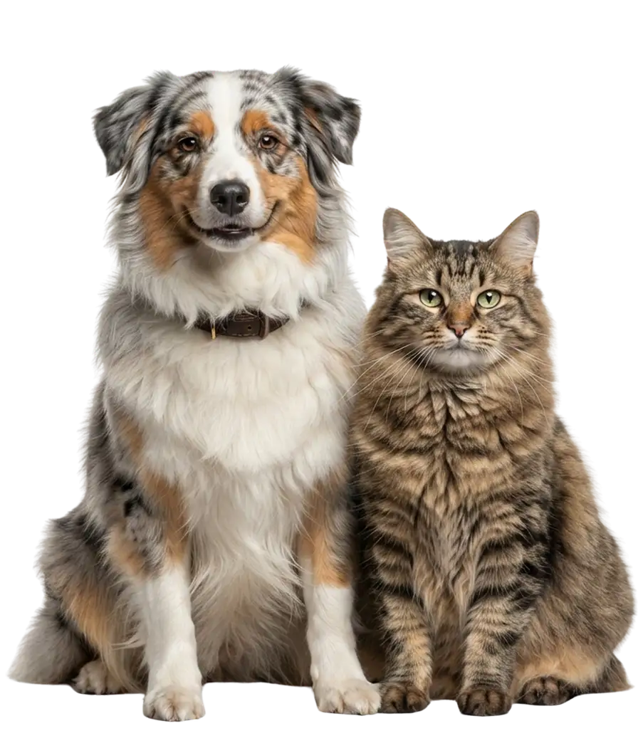 An Australian Shepherd and a tabby cat sitting together